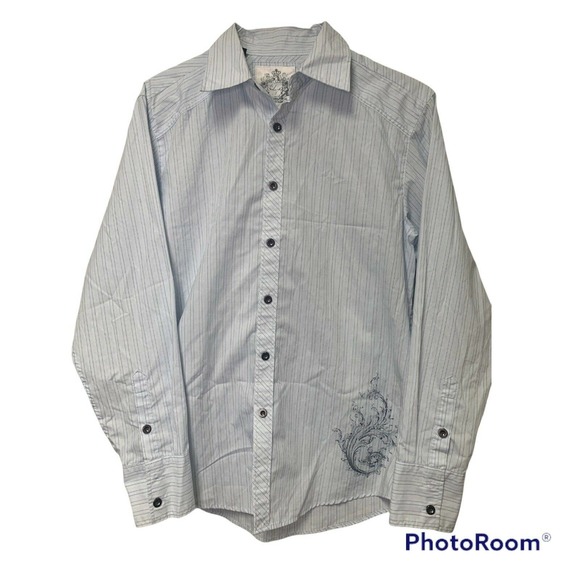 Level Ten Mens Medium Light Blue Striped Button Up Shirt Long Sleeve Graphic - Picture 1 of 11